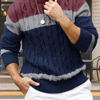 Bradley | Textured Cable-Knit Sweater in Royal blue stitching coffee red