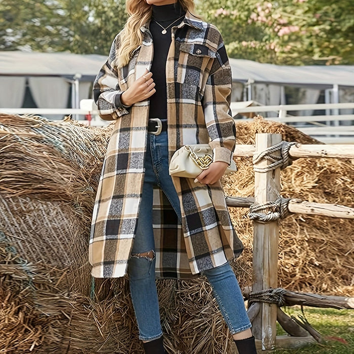 Elowen | Women's Longline Coat with Check Pattern and Soft Drape