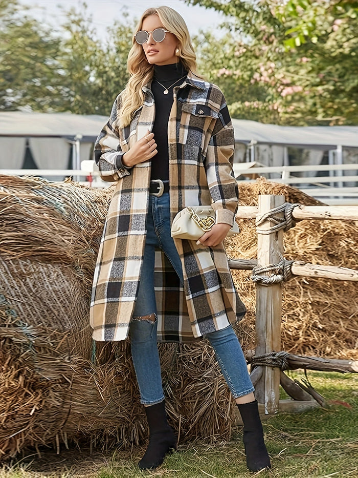 Elowen | Women's Longline Coat with Check Pattern and Soft Drape