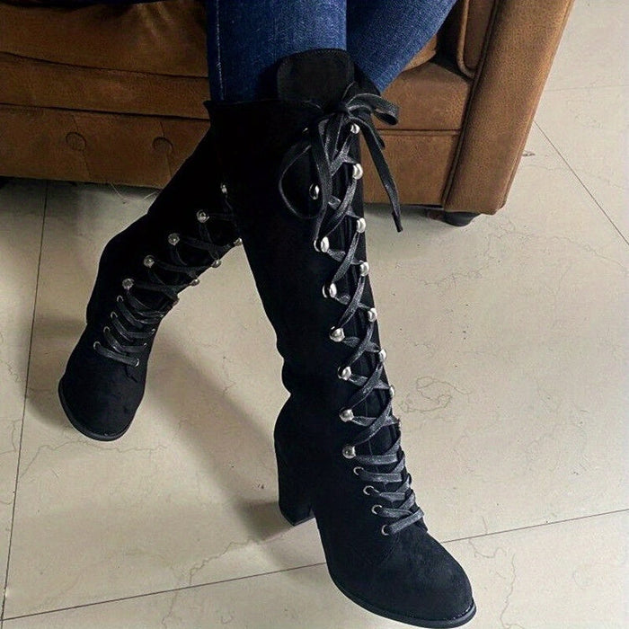 Clarissa | Women's Knee High Boots with Lace Up Front and Chunky Heel