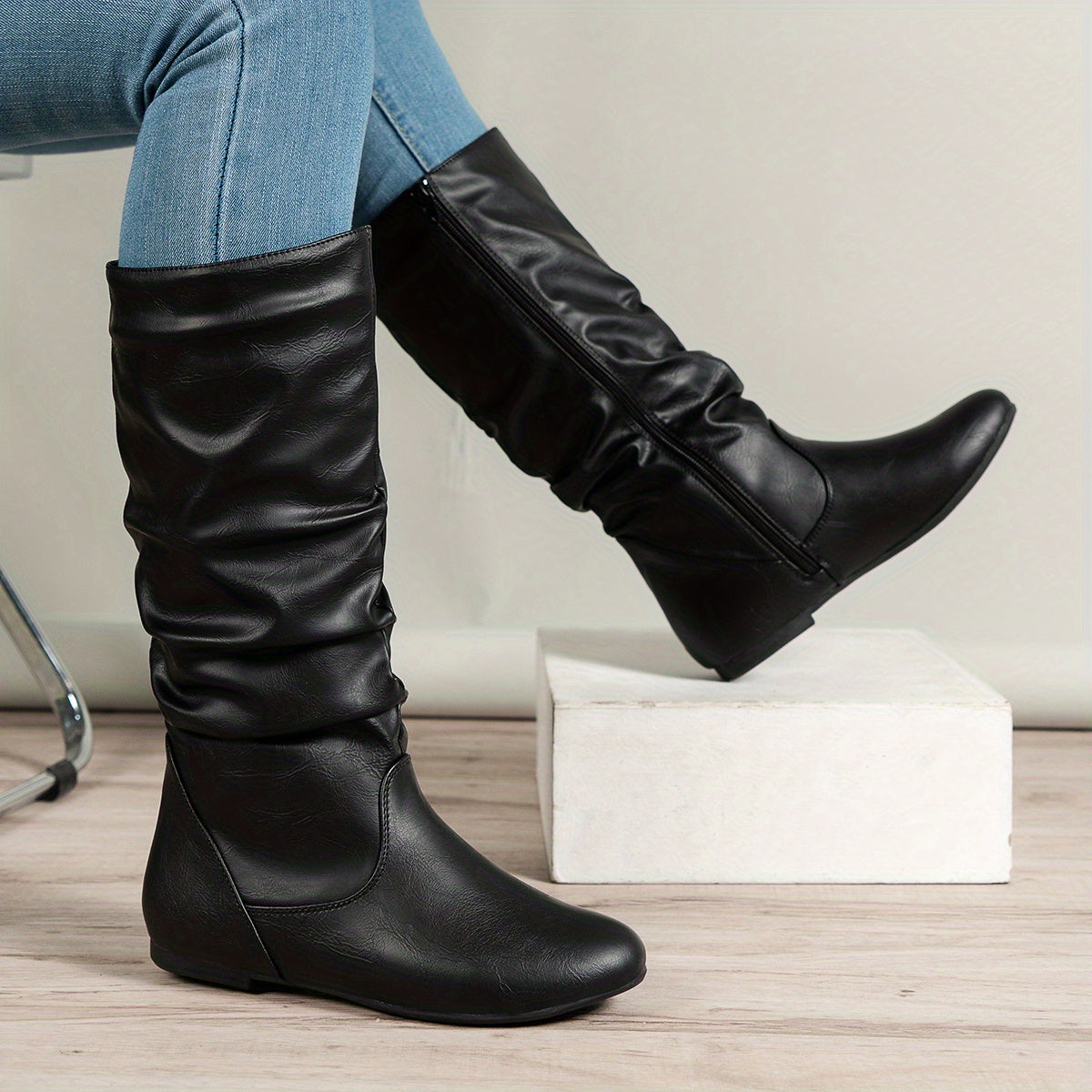 Lydia | Women's Mid Calf Boots with Slouch Shape and Flat Sole