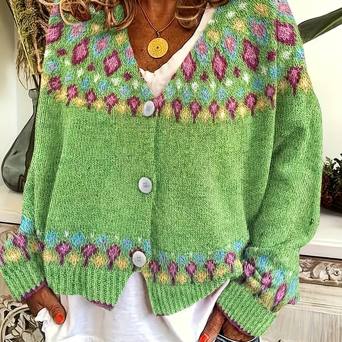 Maribel | Fair Isle Knit Cardigan in Greenish Yellow