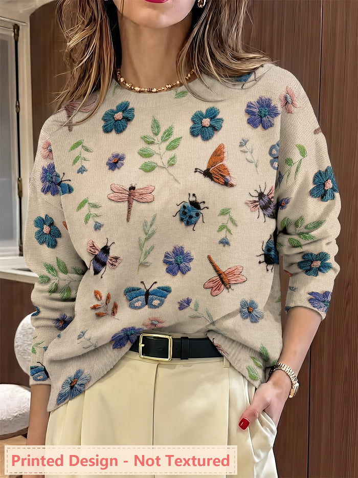 Meredith | Botanical Print Crew Neck Sweater in Purple