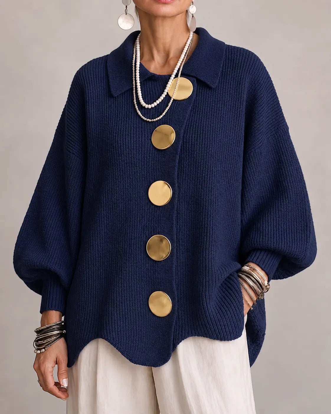 Margery | Women's Oversized Knit Cardigan with Collar and Gold Buttons