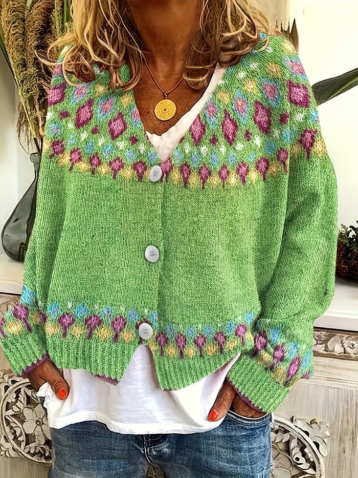 Maribel | Fair Isle Knit Cardigan in Green