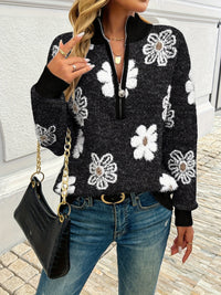 Larissa | Floral Half-Zip Sweater in Silvery Grey