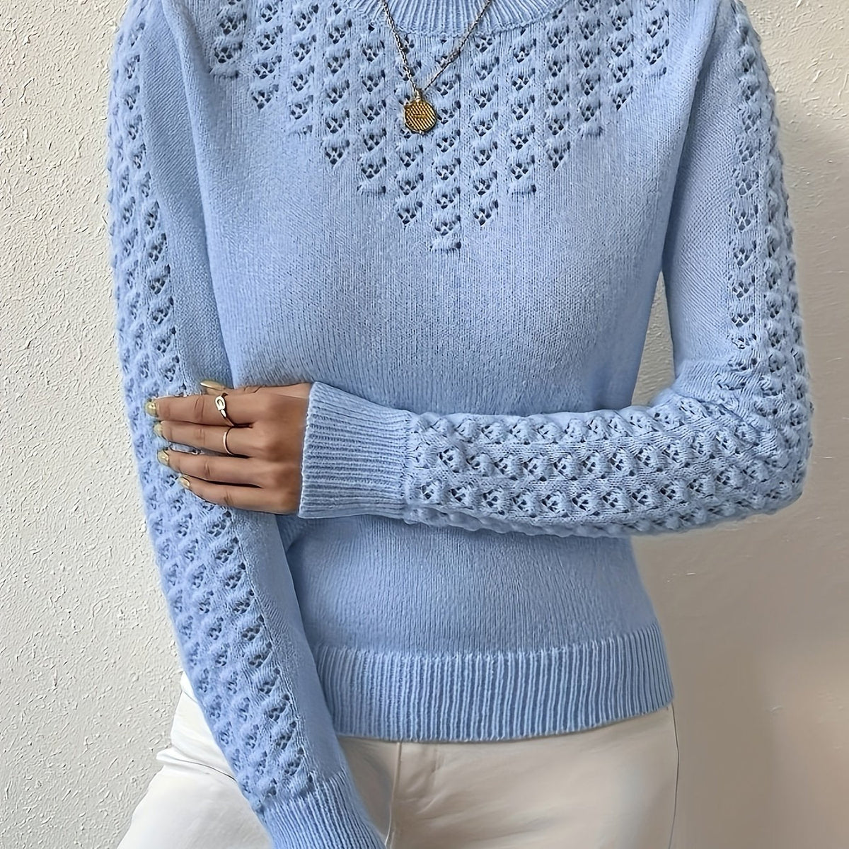 Lorena | Pointelle Knit Sweater in Light Blue