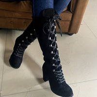 Clarissa | Women's Knee High Boots with Lace Up Front and Chunky Heel