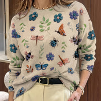 Meredith | Botanical Print Crew Neck Sweater in Blue