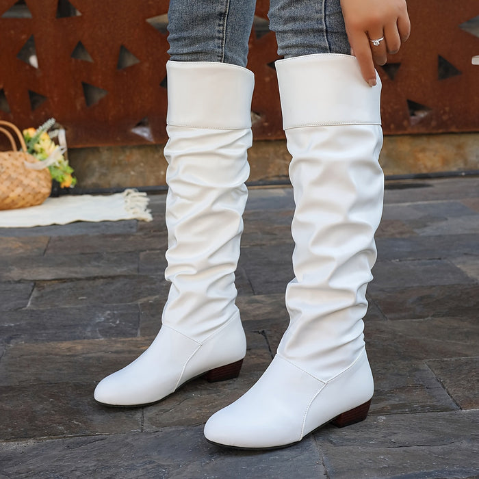 Phoebe | Women's Knee High Boots with Gathered Shaft and Low Heel