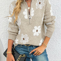 Larissa | Floral Half-Zip Sweater in Light Green