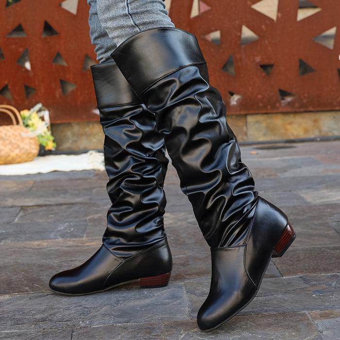 Phoebe | Women's Knee High Boots with Gathered Shaft and Low Heel