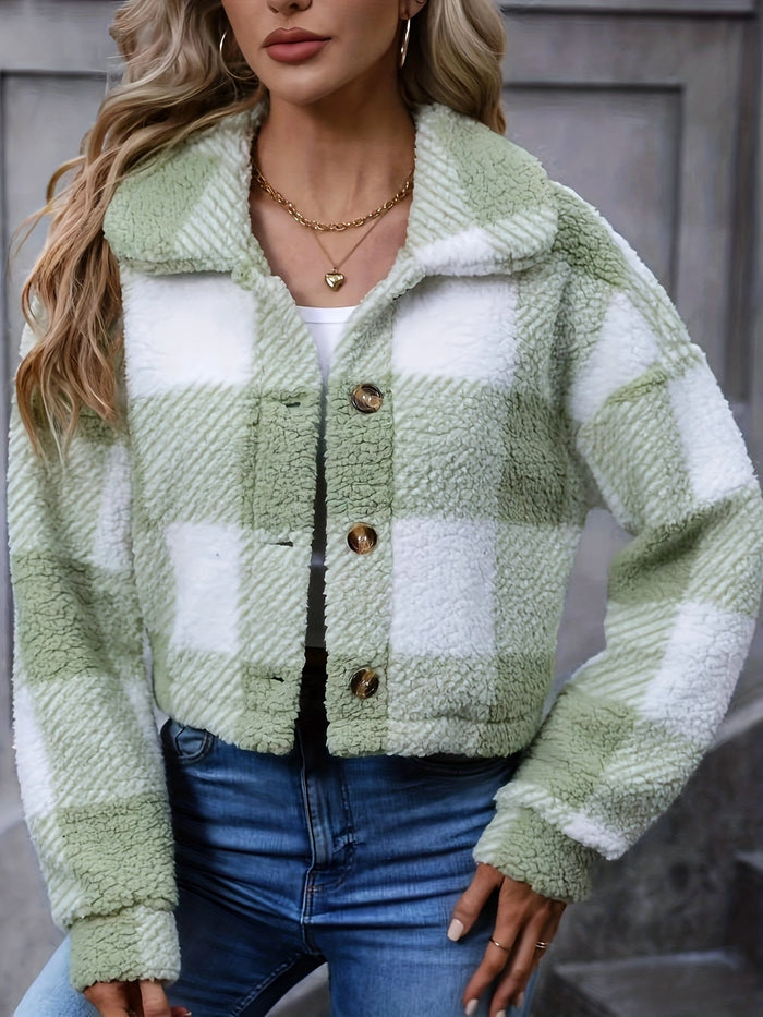 Georgina | Women's Cropped Jacket with Check Pattern and Button Front