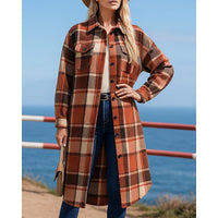 Noreen | Longline Checked Coat in Khaki