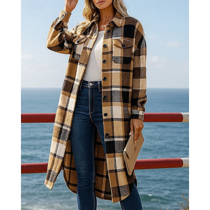 Noreen | Longline Checked Coat in Khaki