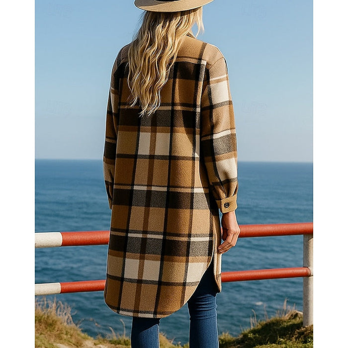 Noreen | Longline Checked Coat in Khaki