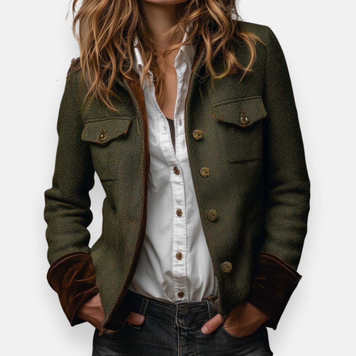 Florence | Women's Military Jacket with Herringbone Weave and Gold Buttons